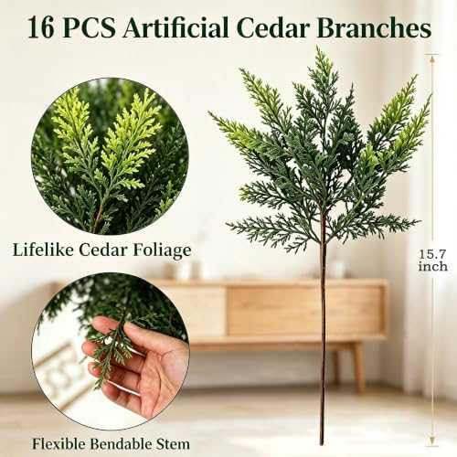 Artificial Cedar Branches 16 Pcs 18 Inch Faux Pine Stems for Holiday Decor