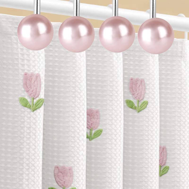Pink Pearl Shower Curtain Hooks 12PCS Stainless Steel Anti-Rust Bathroom Decor