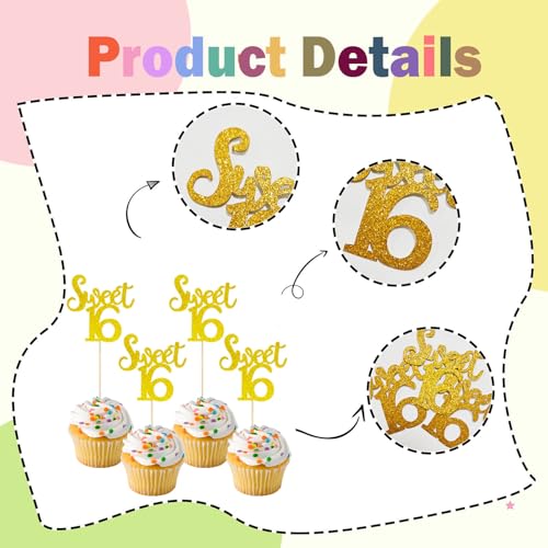 12 PCS Sweet 16 Glitter Cupcake Toppers – Yellow Cake Decorations