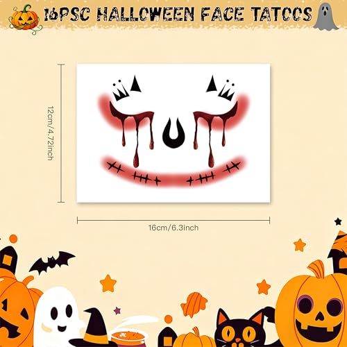 QINYIER 16 Sheets Halloween Temporary Face Tattoos for Kids and Adults