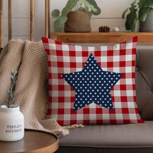 18x18 Patriotic Star Plaid Pillow Covers - Set of 2 for Home Decor