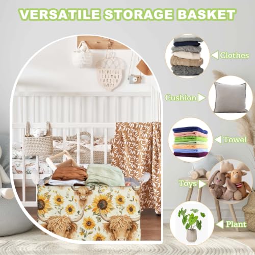Sunflower Highland Cow Storage Basket - Large Canvas Laundry Hamper