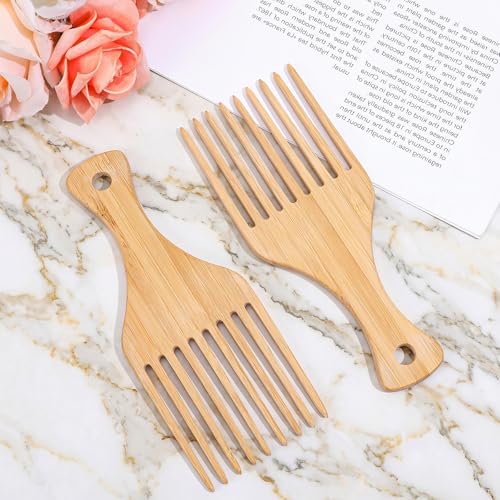 Wanmu 2-Pack Wooden Afro Hair Pick Combs - Anti-Static Bamboo Wide Tooth Styling Tool for Curly Hair & Beards