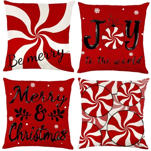 Vellibring Christmas Candy Pillow Covers, 18x18 Set of 4 Red & White Linen