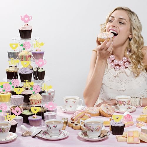 12PCS Elegant Tea Party Cupcake Toppers Set - Glitter Teapot & Teacup