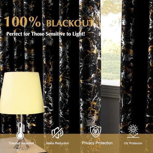 NICETOWN Silver and Gold Marble Patterned Curtains 100% Blackout Christmas Decor for Living Room Bedroom 84 Inches Long 2 Panels Thermal Insulated Noise Reducing Grommet Modern Window Treatments, 52"W