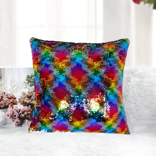 Rainbow to Silver Reversible Sequin Pillow Cover 16x16 Inch
