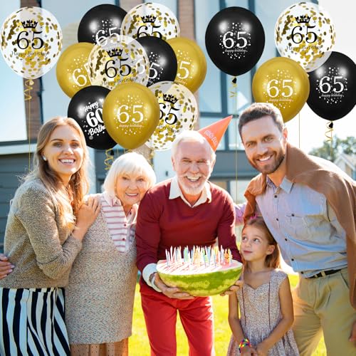 65th Birthday Balloons Set - 15Pcs Black and Gold Latex Decorations