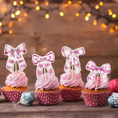 32PCS Pink Bow Cupcake Toppers for Birthday & Baby Showers