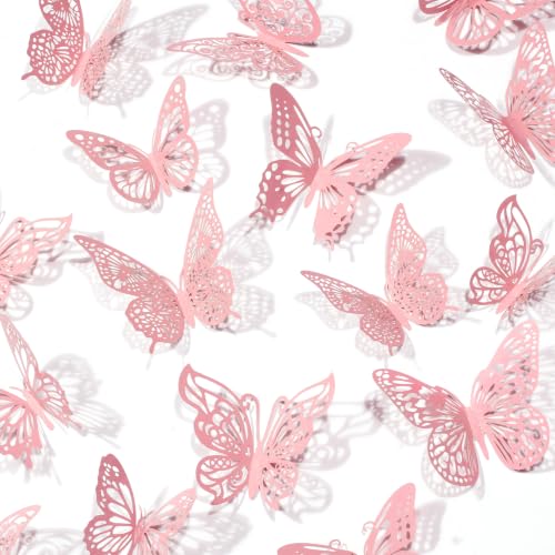 84PCS 3D Pink Butterfly Wall Decals, Metallic Paper Butterfly Decorations