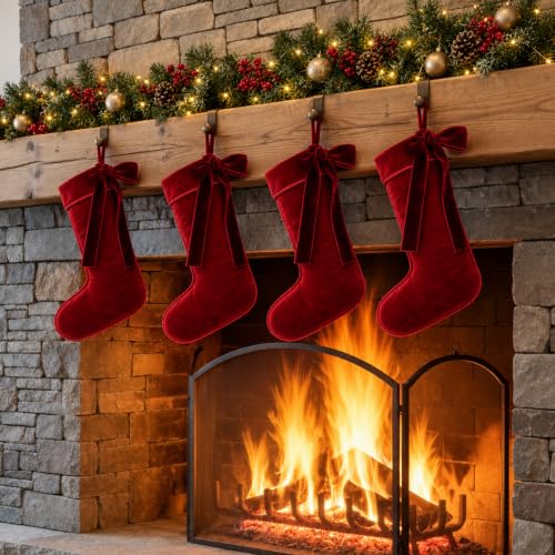 Christmas Velvet Stockings Set - 18 Inch Burgundy Red Holiday Decorations