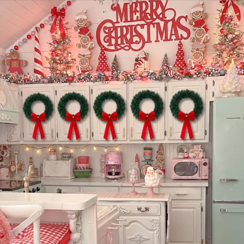 Artificial Christmas Wreath Set with Red Velvet Bow - 14 Inch Holiday Decoration