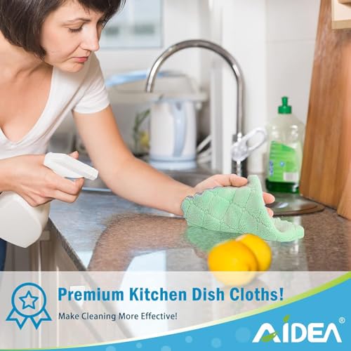 AIDEA Coral Fleece Kitchen Dishcloths, 6.3"x10.4", Green/Grey - 12 Pack