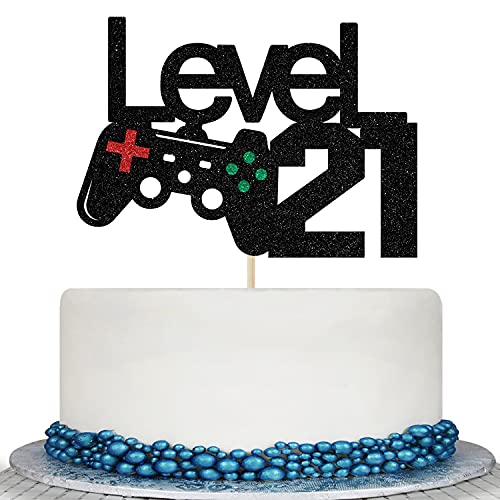 Level Up 21st Birthday Cake Topper - Black Glitter Decoration
