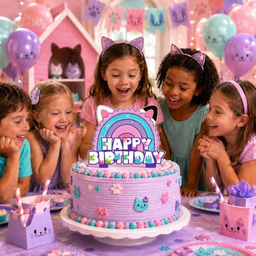 Dollhouse Cake Topper for Girls Birthday Party, Cat Rainbow Design