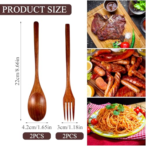 4Pcs Wooden Spoons and Forks for Eating Utensil Set, Korean Wooden Spoon Fork Cutlery Set Reusable Kitchen Wood Dinner Flatware Tableware for Travel and Camping