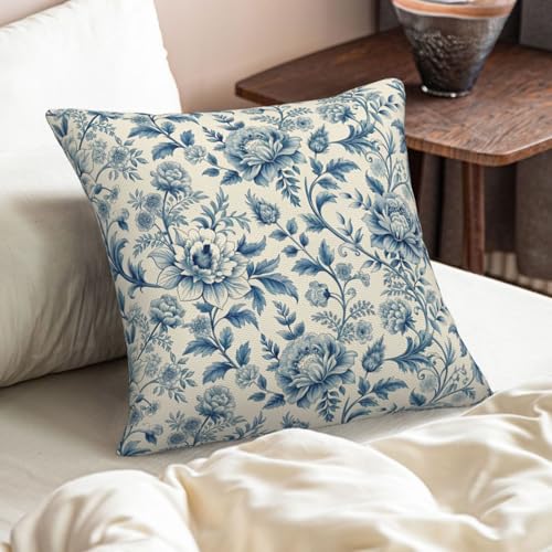 Chinoiserie Floral Throw Pillow Covers, Blue & White, 20x20 Inch Set of 2