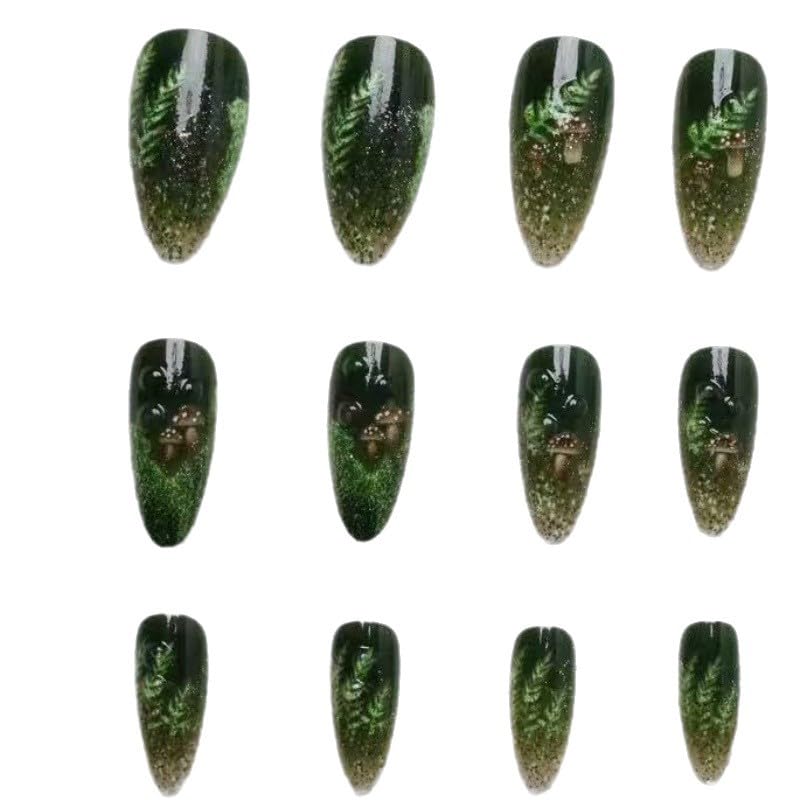Green Glitter Mushroom Press on Nails Medium Almond Fake Nails 24pcs