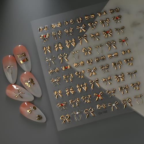 Namrec Gold Bow Nail Stickers 5D Self-Adhesive Rhinestone Decals