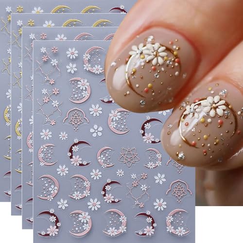 Floral Nail Art Stickers Daisy Flowers Rose Gold Moon Lace Decals 4Pcs