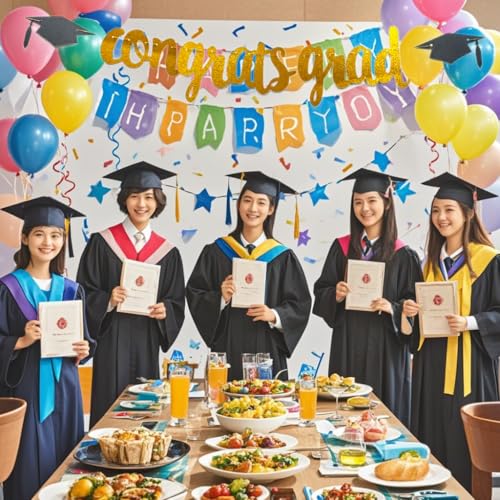 Congrats Grad Glitter Banner with Cap Garland Gold Party Decoration