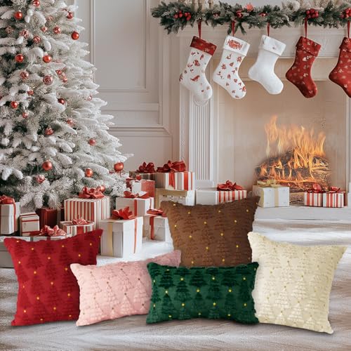Christmas 12x12 Throw Pillow Covers Set of 2 Pink Winter Star & Tree Plush Faux Fur