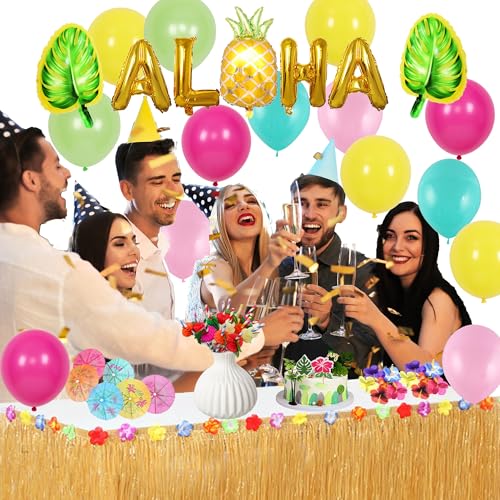 Luau Party Decorations Set - Hawaiian Birthday Decor with Table Skirt, Balloons, and Cupcake Toppers