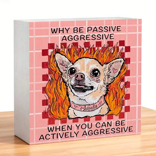 Funny Chihuahua Dog Wooden Sign | 5x5 Inch Pink Plaid Decor