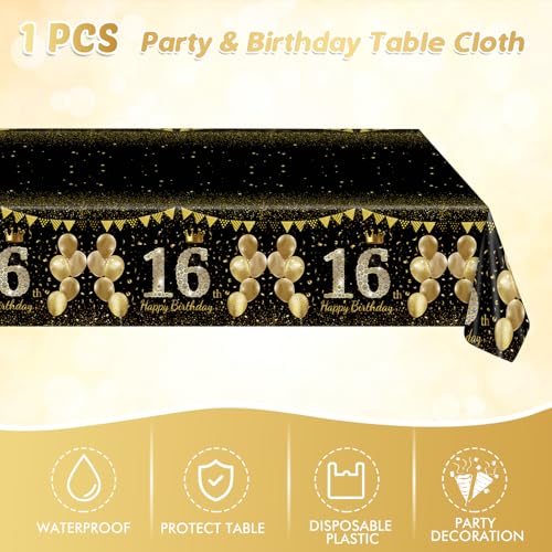 16th Birthday Decorations Set - Black Gold Party Supplies for Teens