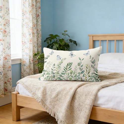 Eucalyptus Floral Butterfly Pillowcase 12x20 Inch | Double-Sided Linen Cushion Cover