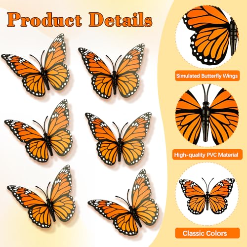 36 Pcs 3D Monarch Butterfly Wall Decals - Realistic PVC Orange Decor