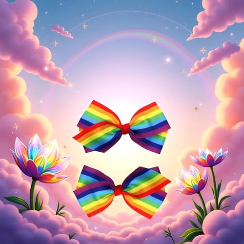 Rainbow Hair Bow Clips 4-Inch Ribbon Barrette Set for Women and Girls