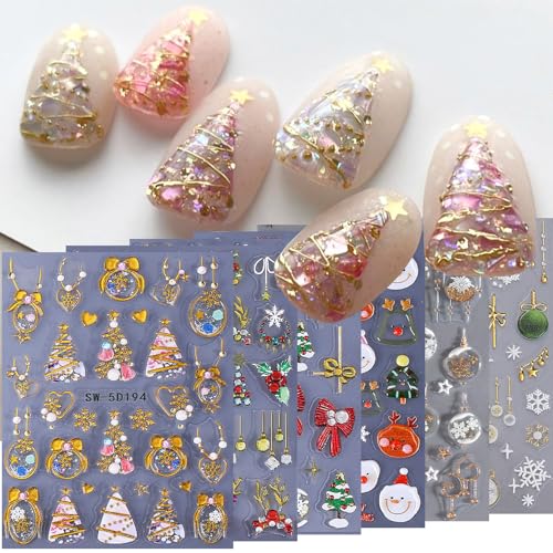 5D Christmas Nail Art Stickers Gold Holiday Tree Decals - 6 Sheets