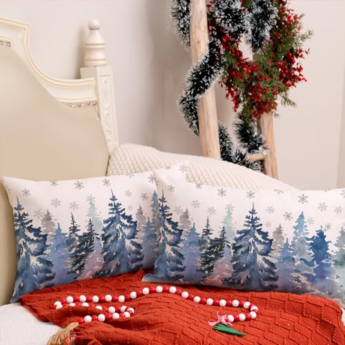 Christmas Lumbar Pillow Covers 12x20 Inch Set of 2, Teal Watercolor Tree
