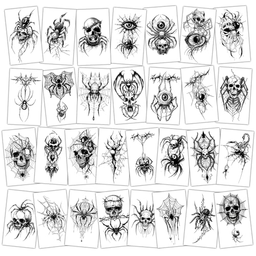 Konsait 30 Sheets Skeleton Spider Temporary Tattoos for Halloween Makeup