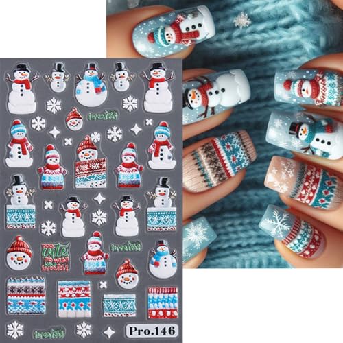 BUNLVDI 4 Sheets Christmas Nail Art Stickers - 3D Self-Adhesive Winter Deer & Snowflake Decals