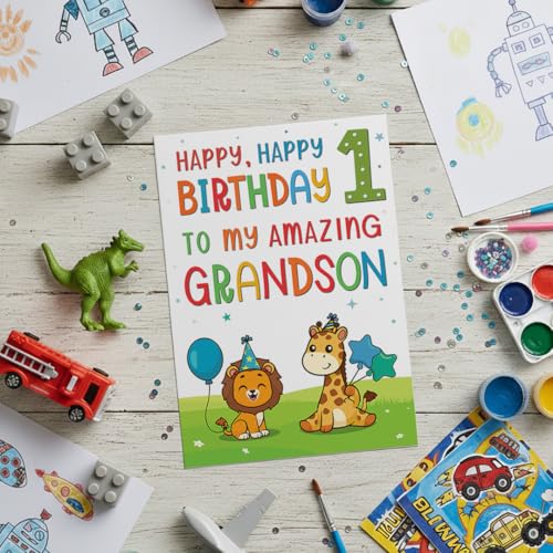 Cute Jungle Animal 1st Birthday Card for Grandson - A5 Premium