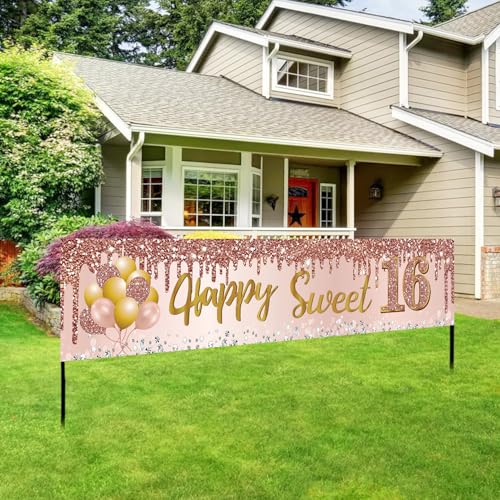 Excelloon Sweet 16 Birthday Banner - Pink Rose Gold Party Decoration