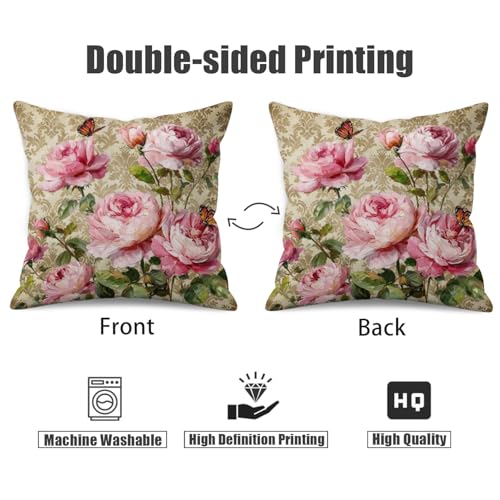 Vintage Pink Rose Floral Pillow Covers 18x18 Inch Set of 2