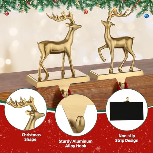 2 Pack Antique Gold Christmas Deer Stocking Holders for Mantle - Heavy Metal Holiday Hooks
