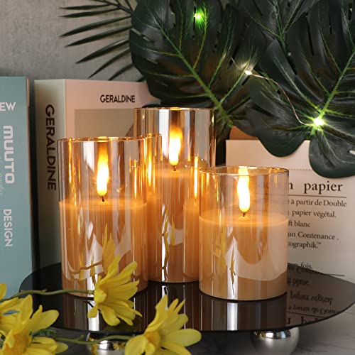 3-Pack Flameless Candle Set with Remote Control - Gold Glass, Real Wax, Timer