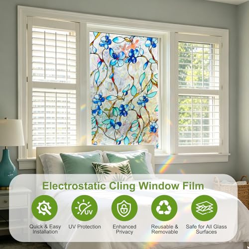 Blue Vine Floral Privacy Window Film - Stained Glass Static Cling 17.5x78.7"