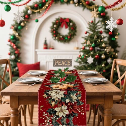 Christmas Table Runner 13x72 Inches - Red Vintage Poinsettia Variation