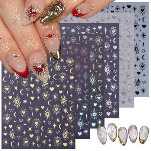 Star Nail Stickers 6 Sheets Self-Adhesive Laser Gold Silver Nail Decals