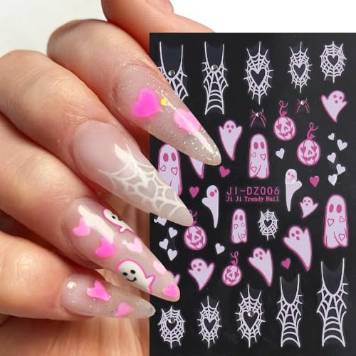 Halloween Nail Stickers 4 Sheets Pink Ghost Spider Web Decals with Rhinestones
