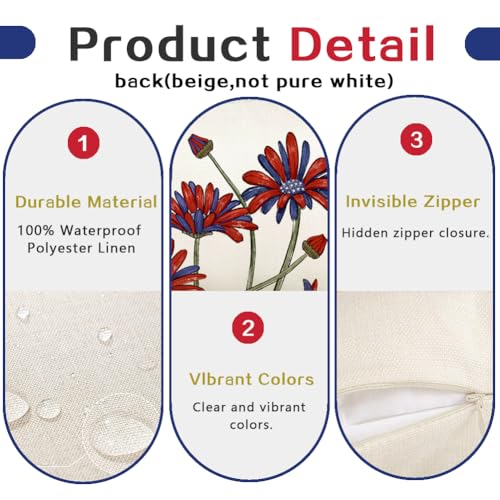 RABUSOFA Patriotic Daisy Throw Pillow Cover, 12x20 Waterproof Linen