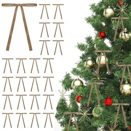 24 Pcs Khaki Velvet Christmas Tree Bows - Elegant Holiday Decor