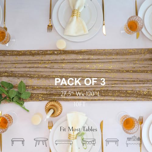 Snowkingdom 3-Piece 10Ft Gold Gauze Sheer Table Runner - Coffee Gold