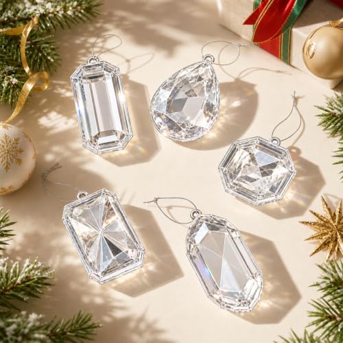Clear Crystal Jewel Ornaments for Christmas Tree - 6 Pack, 3.94-5.27"