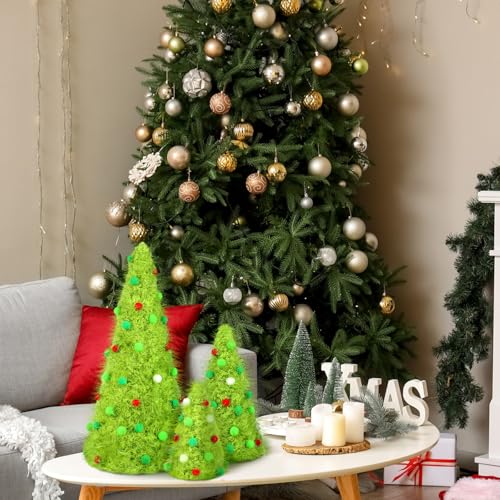 Furry Christmas Tree Decorations Set - Green, Multiple Sizes, 3 Pcs
